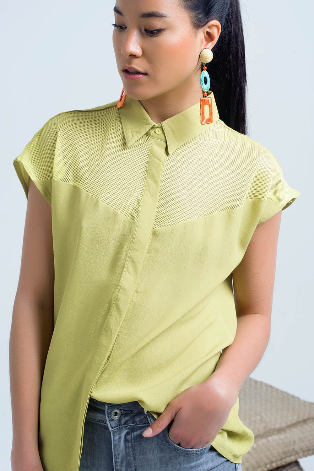 Q2 Women's Blouse Yellow shirt with mesh detail