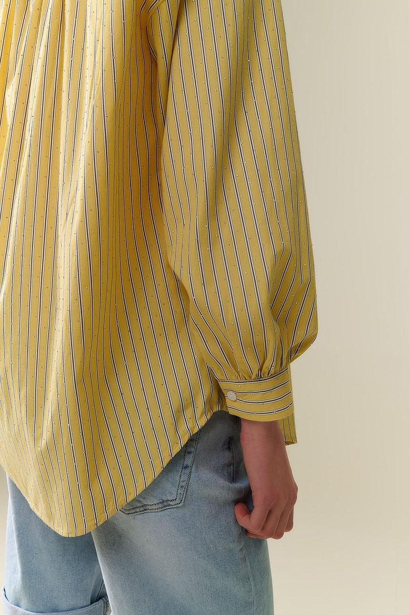Q2 Women's Blouse Yellow Striped Poplin Shirt Embellished With Strass
