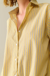Q2 Women's Blouse Yellow Striped Poplin Shirt Embellished With Strass
