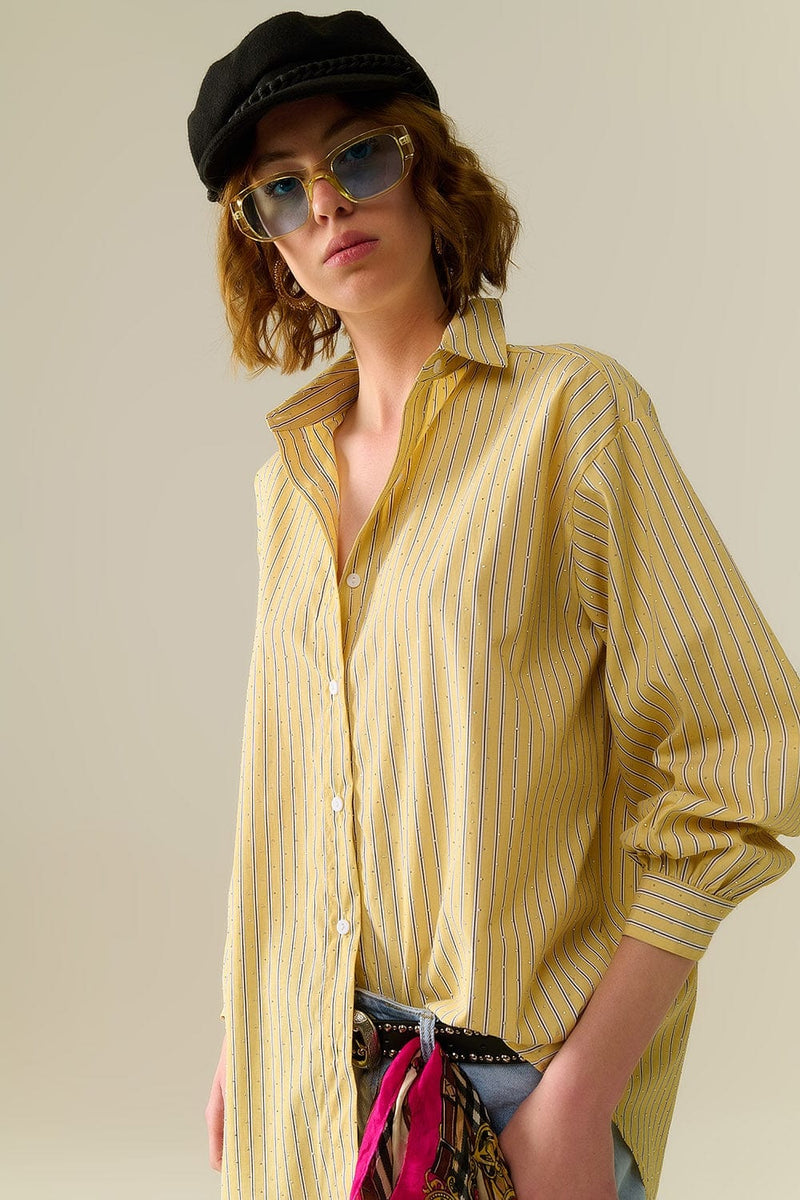 Q2 Women's Blouse Yellow Striped Poplin Shirt Embellished With Strass