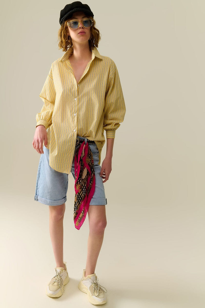 Q2 Women's Blouse Yellow Striped Poplin Shirt Embellished With Strass