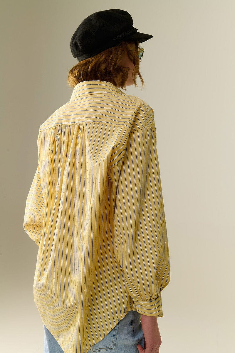 Q2 Women's Blouse Yellow Striped Poplin Shirt Embellished With Strass