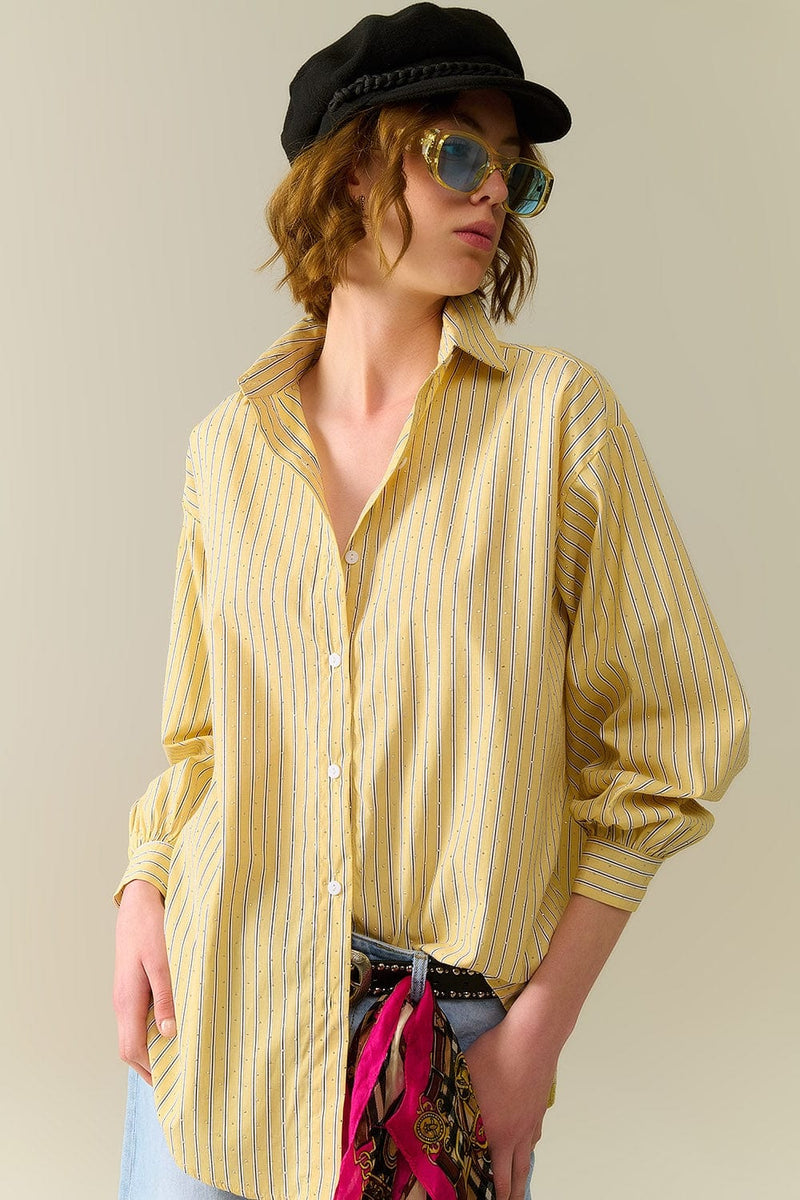 Q2 Women's Blouse Yellow Striped Poplin Shirt Embellished With Strass