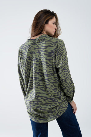 Q2 Women's Blouse Zebra Printed  Shirt In Green