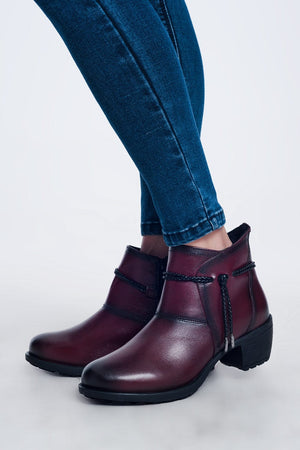 Q2 Women's Boots Maroon Blocked Mid Heeled Ankle Boots with Round Toe