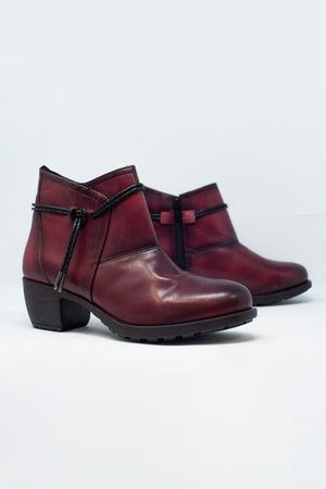 Q2 Women's Boots Maroon Blocked Mid Heeled Ankle Boots with Round Toe