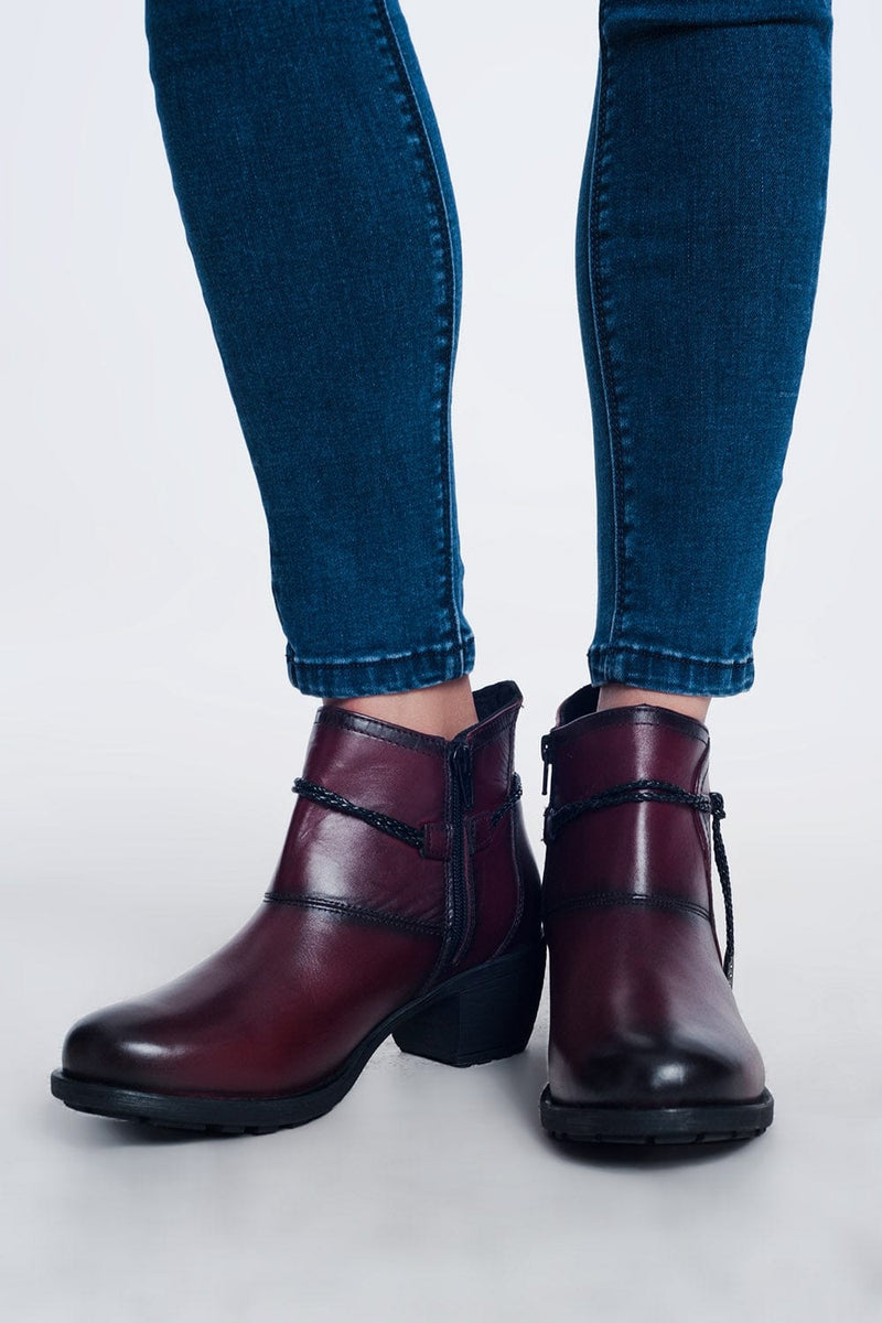 Q2 Women's Boots Maroon Blocked Mid Heeled Ankle Boots with Round Toe