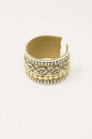 Q2 Women's Bracelet One Size / White Cream Open Bracelet With Embellishments In White And Beige