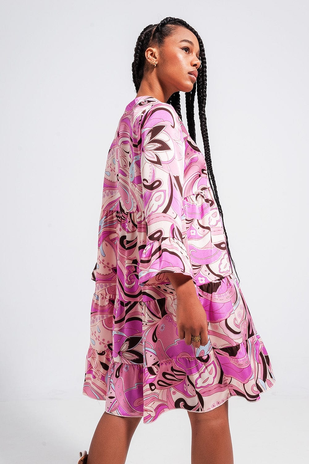 Q2 Women's Dress 3/4 Sleeve Mini Dress in Pink