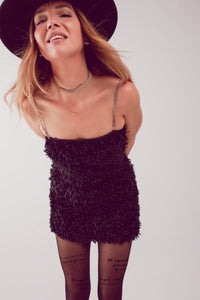 Q2 Women's Dress All Over Faux Feather Sleeveless Mini Dress in Black