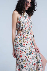 Q2 Women's Dress Beige floral high neck cut out midi dress