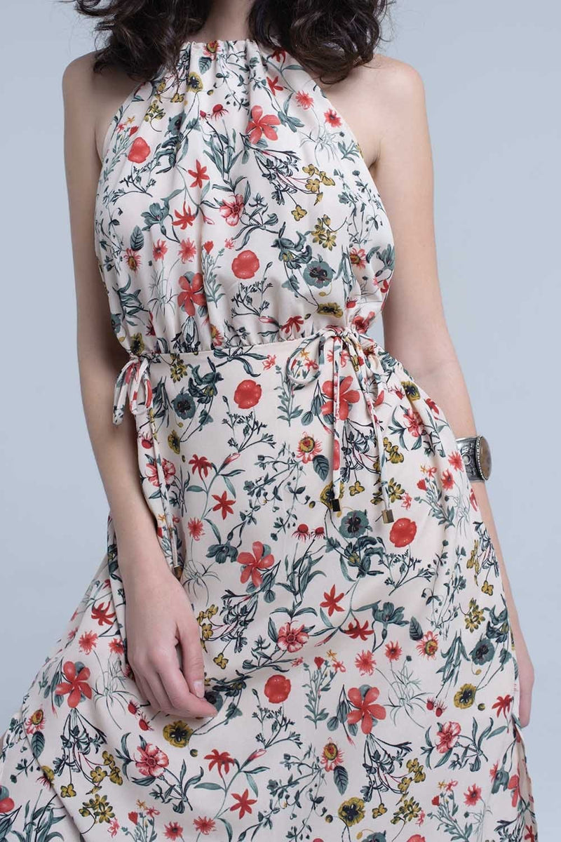 Q2 Women's Dress Beige floral high neck cut out midi dress