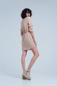 Q2 Women's Dress Beige Tie Waist Shirt Mini Dress