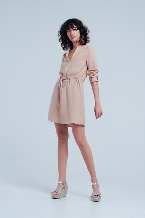 Q2 Women's Dress Beige Tie Waist Shirt Mini Dress