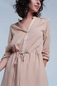 Q2 Women's Dress Beige Tie Waist Shirt Mini Dress