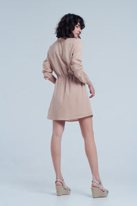 Q2 Women's Dress Beige Tie Waist Shirt Mini Dress