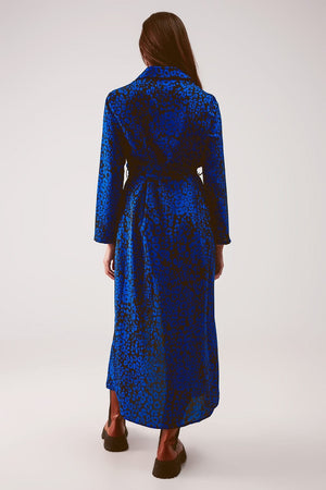 Q2 Women's Dress Belted Maxi Shirt Dress in Blue Animal Print