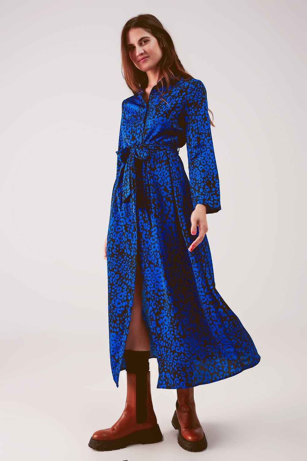 Q2 Women's Dress Belted Maxi Shirt Dress in Blue Animal Print