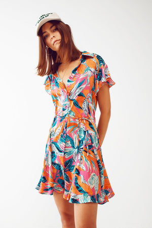 Q2 Women's Dress Belted Mini Shirt Dress With Floral Print in Orange