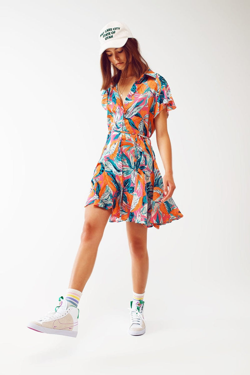 Q2 Women's Dress Belted Mini Shirt Dress With Floral Print in Orange