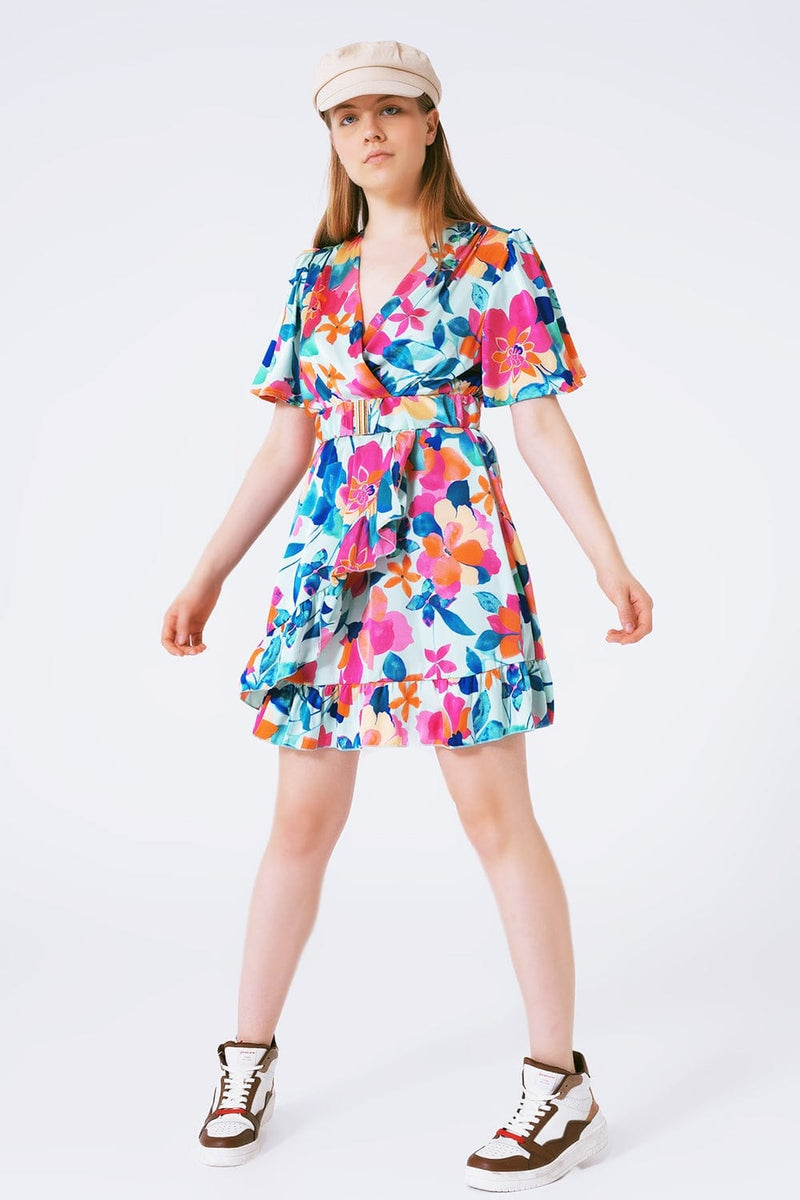 Q2 Women's Dress Belted Soft Satin Dress With Flower Print