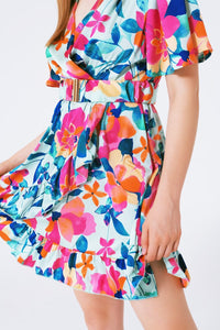 Q2 Women's Dress Belted Soft Satin Dress With Flower Print