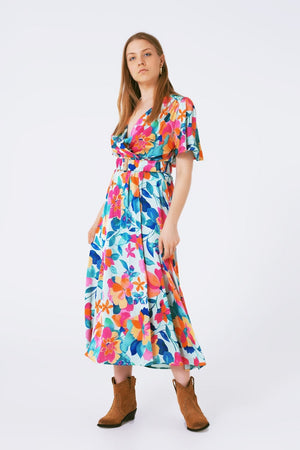 Q2 Women's Dress Belted Soft Satin Maxi Dress With Flower Print