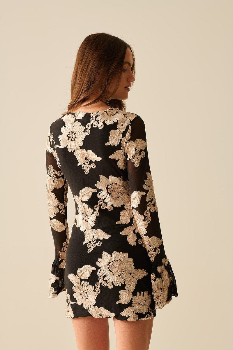Q2 Women's Dress Black Chiffon Mini Dress With Floral Brocade