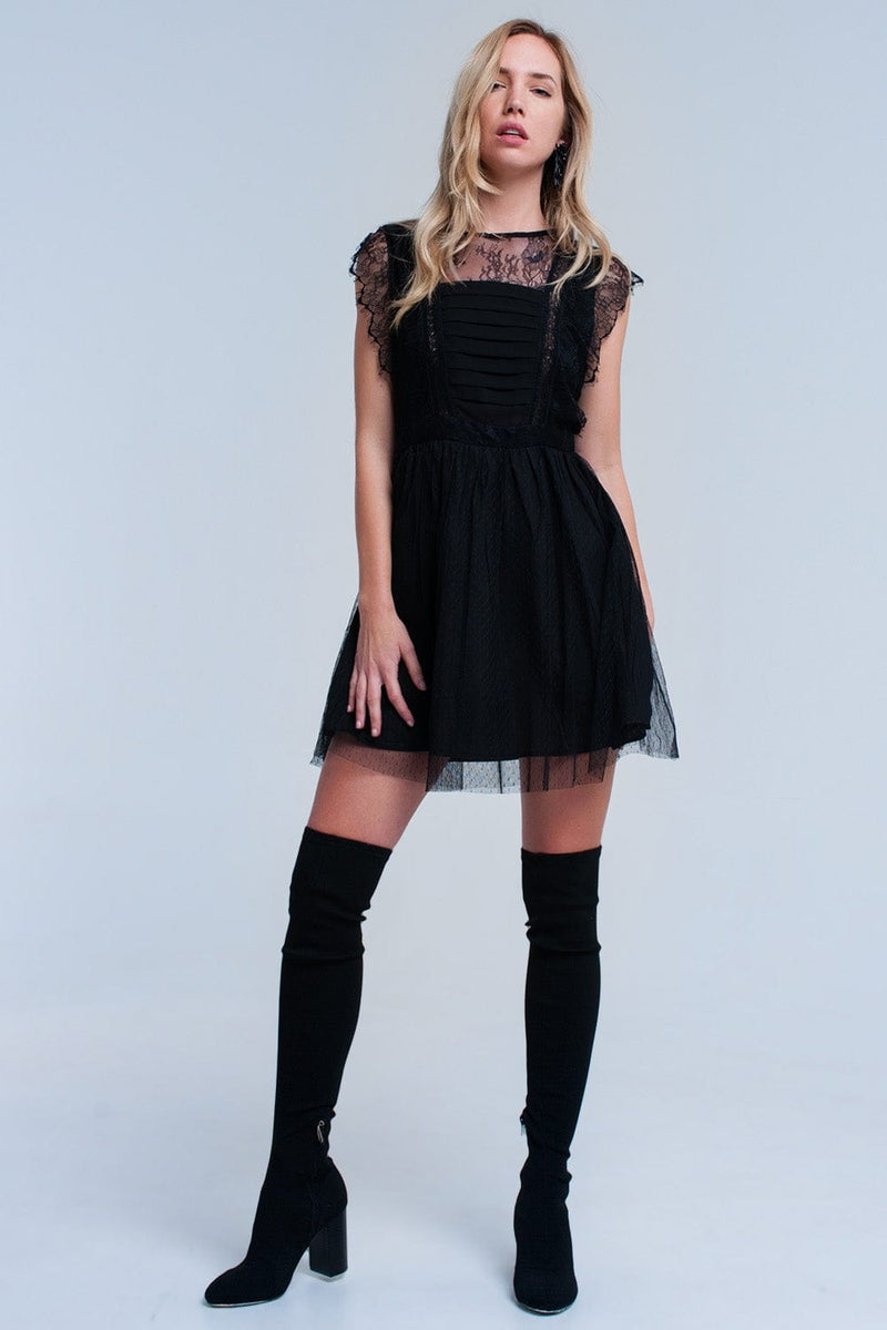 Q2 Women's Dress Black midi dress with lace
