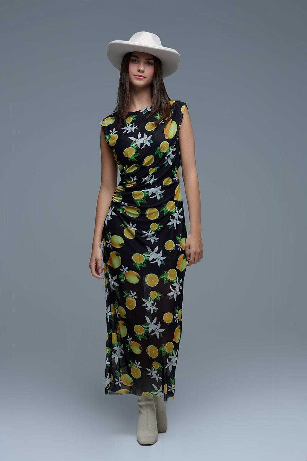 Q2 Women's Dress Black Tulle Maxi Dress With Side Rouching In Yellow Lemon Print