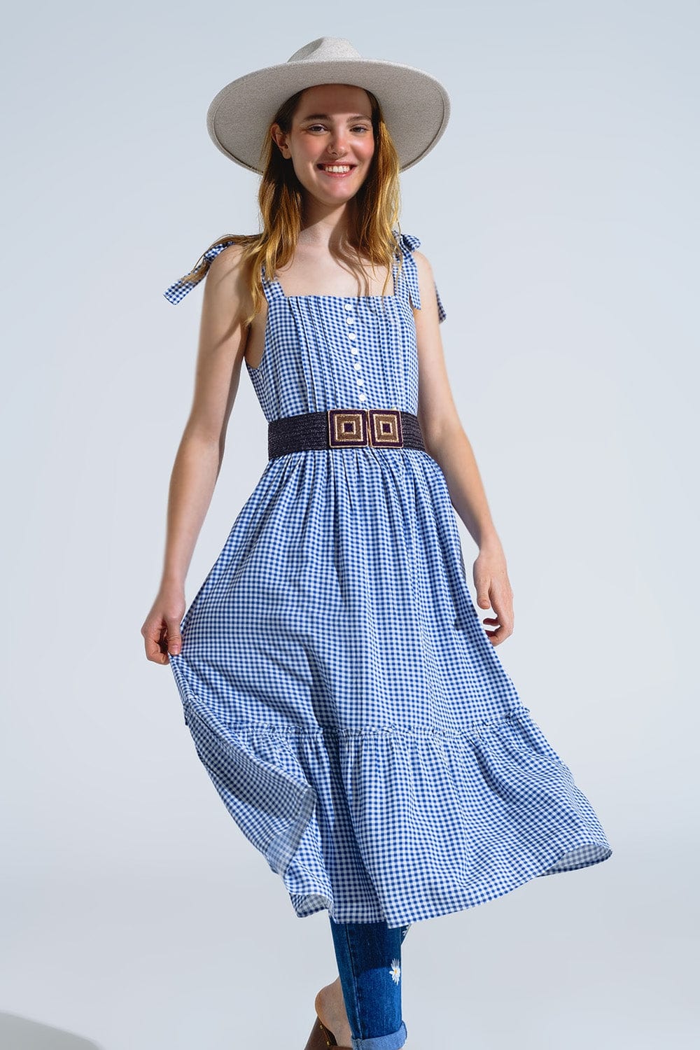 Q2 Women's Dress Blue And White Gingham A-Line Dress With Adjustable Straps