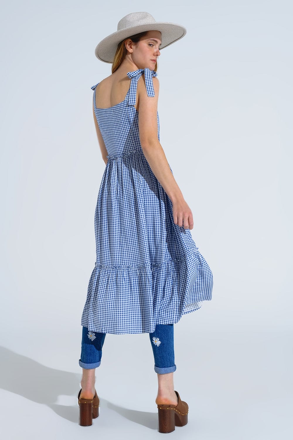 Q2 Women's Dress Blue And White Gingham A-Line Dress With Adjustable Straps