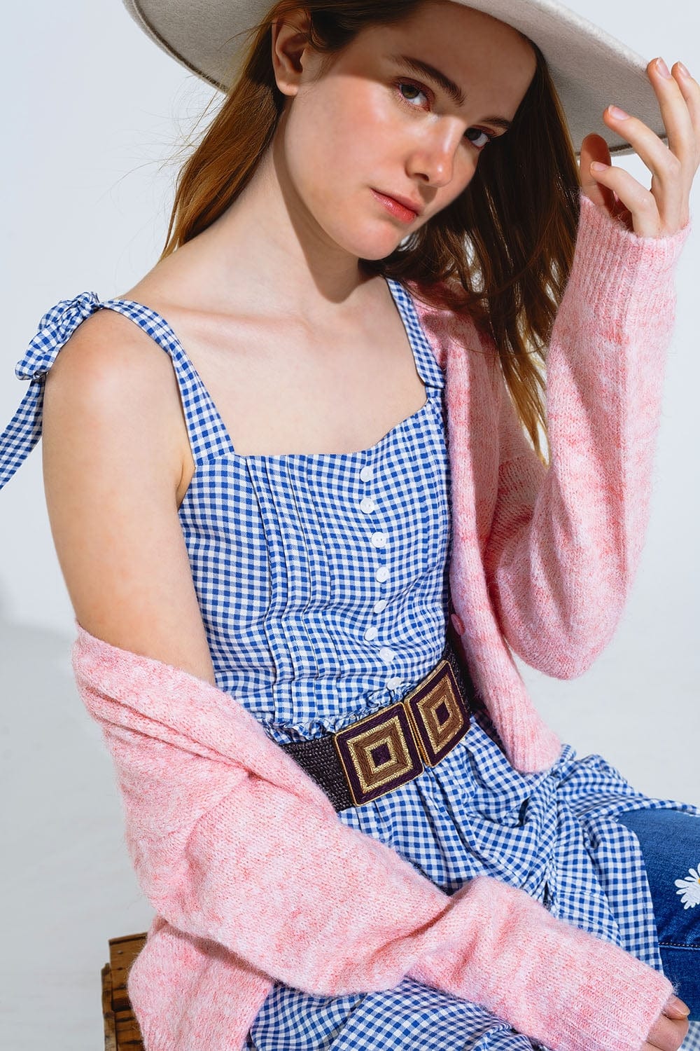Q2 Women's Dress Blue And White Gingham A-Line Dress With Adjustable Straps