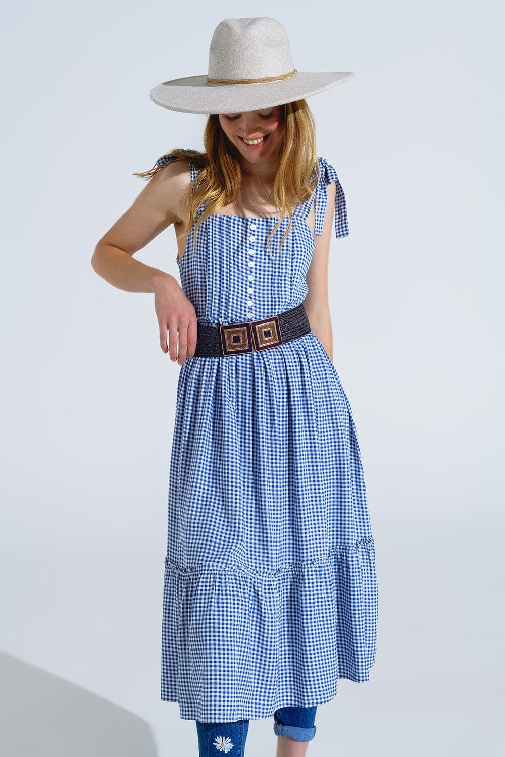 Q2 Women's Dress Blue And White Gingham A-Line Dress With Adjustable Straps