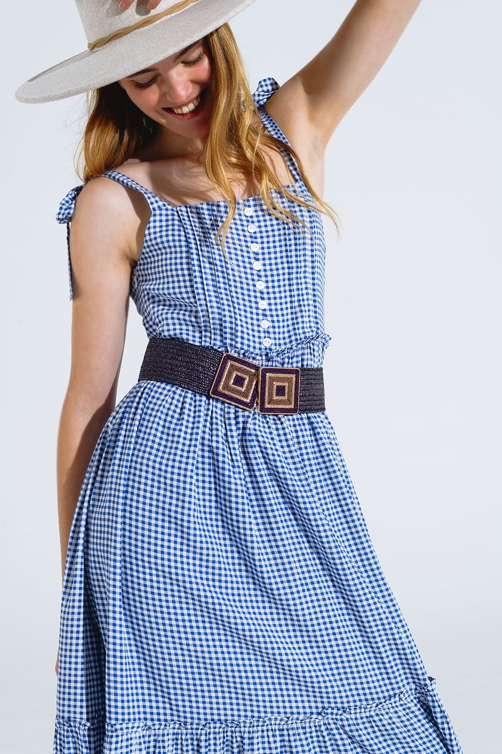 Q2 Women's Dress Blue And White Gingham A-Line Dress With Adjustable Straps