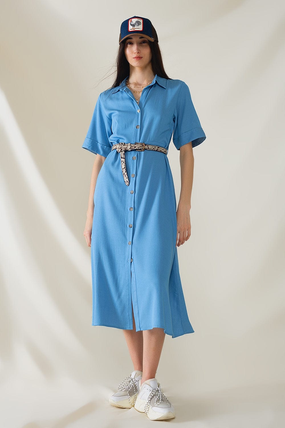 Q2 Women's Dress Blue Maxi Shirt Dress With Polo Collar