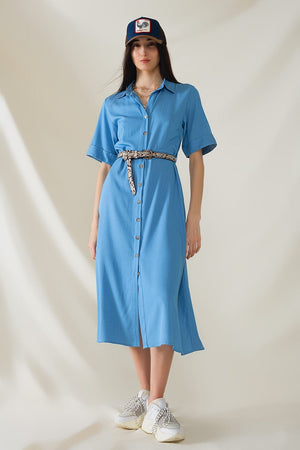 Q2 Women's Dress Blue Maxi Shirt Dress With Polo Collar