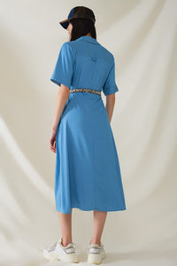 Q2 Women's Dress Blue Maxi Shirt Dress With Polo Collar