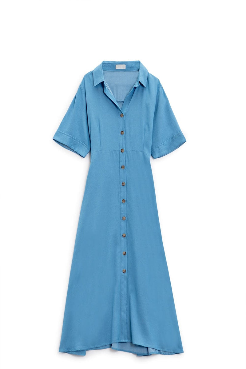 Q2 Women's Dress Blue Maxi Shirt Dress With Polo Collar