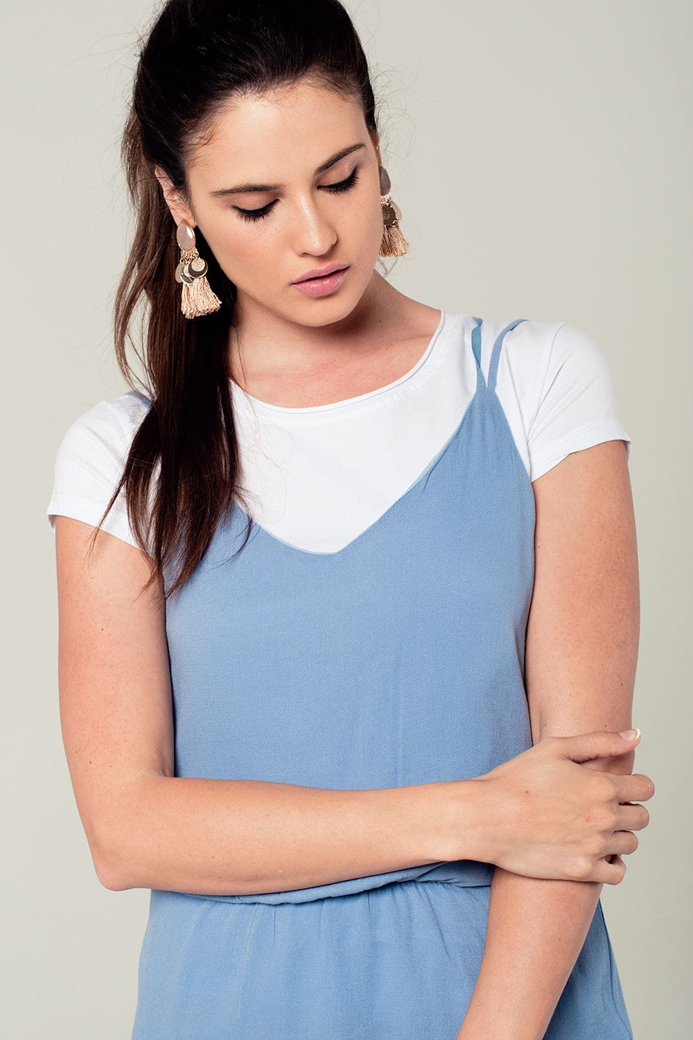 Q2 Women's Dress Blue mini dress with back crochet detail
