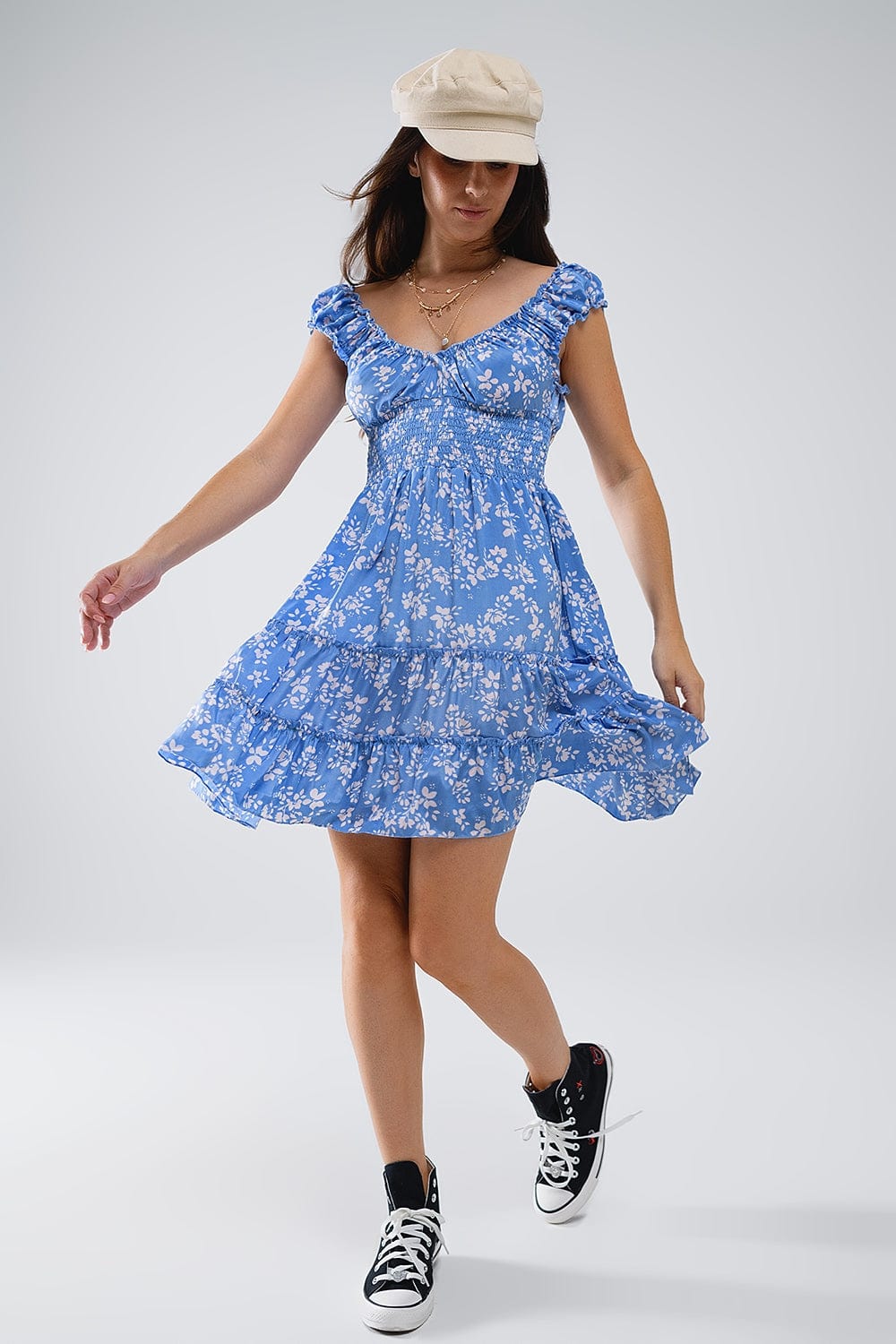 Q2 Women's Dress Blue Short Dress With White Floral Print And Elastic Waist