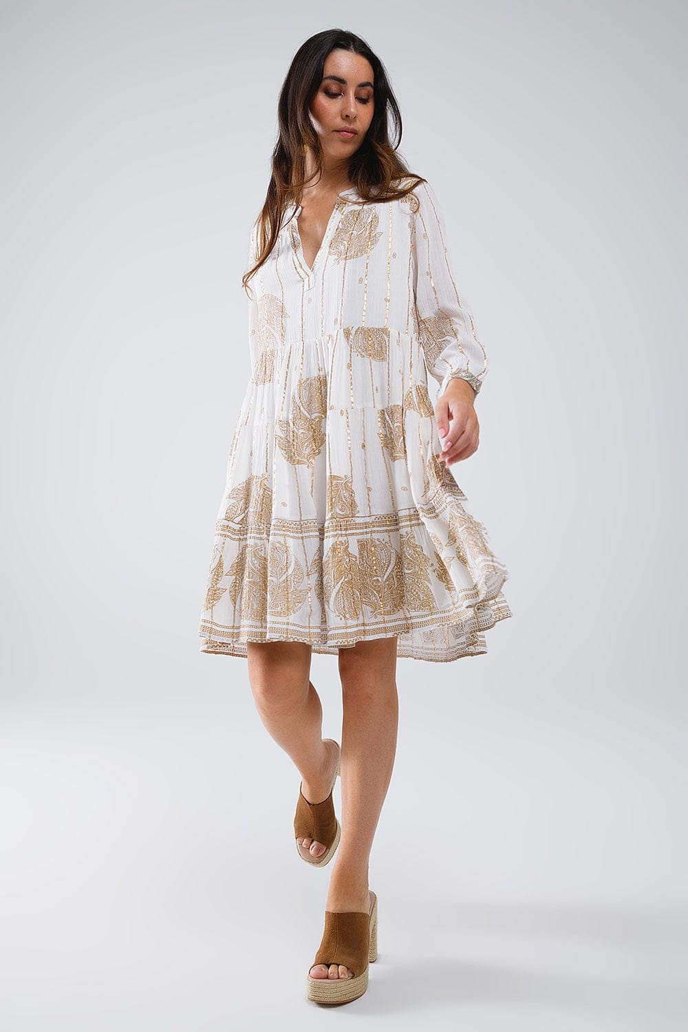 Q2 Women's Dress Boho Long Sleeve Dress With Leaf Print And Lurex Details In White