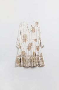 Q2 Women's Dress Boho Long Sleeve Dress With Leaf Print And Lurex Details In White