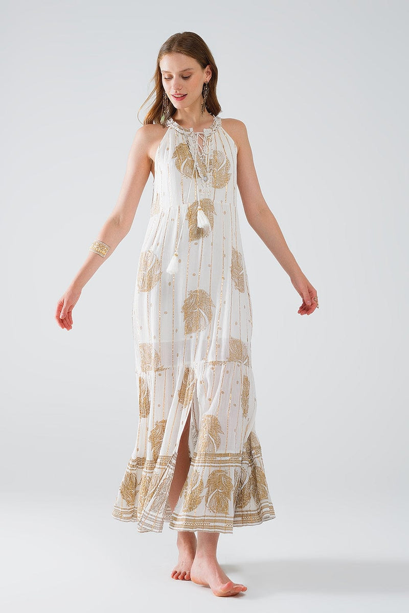 Q2 Women's Dress Boho Maxi Chiffon Dress With Gold Flower Print