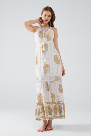 Q2 Women's Dress Boho Maxi Chiffon Dress With Gold Flower Print