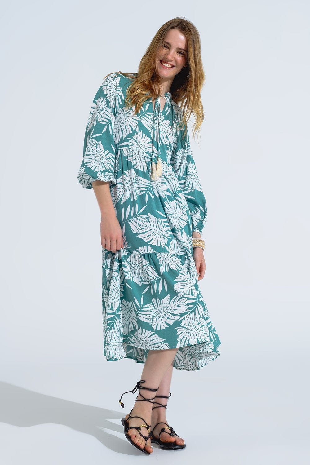 Q2 Women's Dress Boho Maxi Dress With Balloon Sleeves And Leaf Print In Green