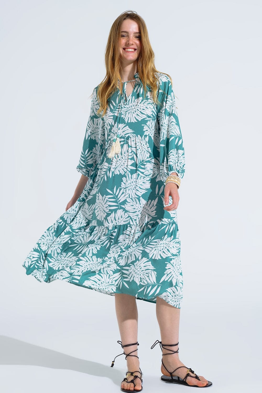 Q2 Women's Dress Boho Maxi Dress With Balloon Sleeves And Leaf Print In Green