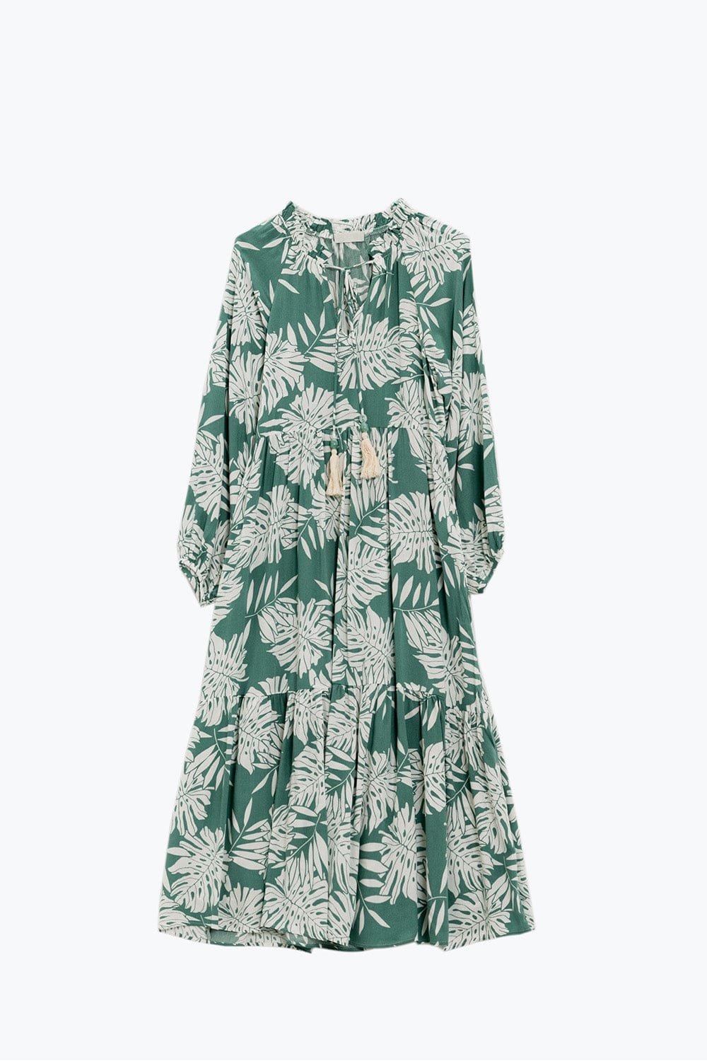 Q2 Women's Dress Boho Maxi Dress With Balloon Sleeves And Leaf Print In Green