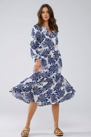 Q2 Women's Dress Boho Maxi Dress With Balloon Sleeves And Leaf Print In Navy And White