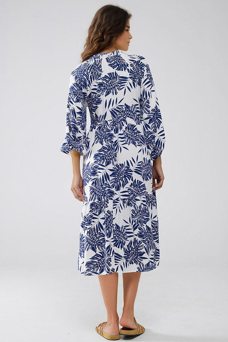 Q2 Women's Dress Boho Maxi Dress With Balloon Sleeves And Leaf Print In Navy And White